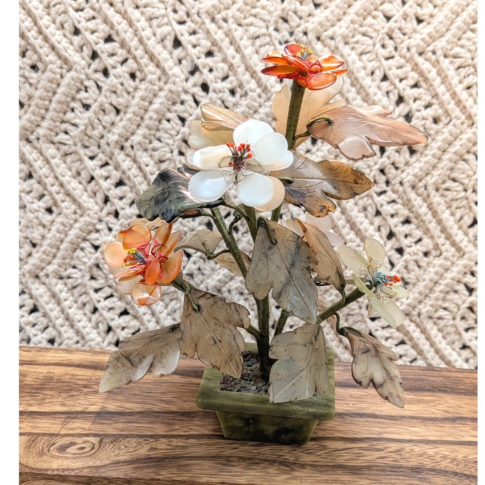 Vintage Chinese Carved Agate and Jade Stone Glass Bonsai Tree Flower 8.5"